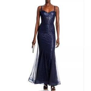 Aqua Navy Sleeveless Sequined Corset Mermaid Maxi Gown Size 4 NWT $308